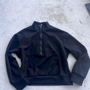 Elie Tahari Women's Black Quarter-Zip Mock Neck Pullover Sweatshirt with Kangaro